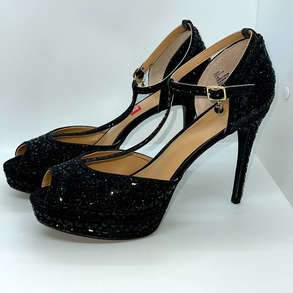 Thalia Sodi Women's T-Strap Chace Peep Toe Stiletto Buckle Dress Black Size 8 M
